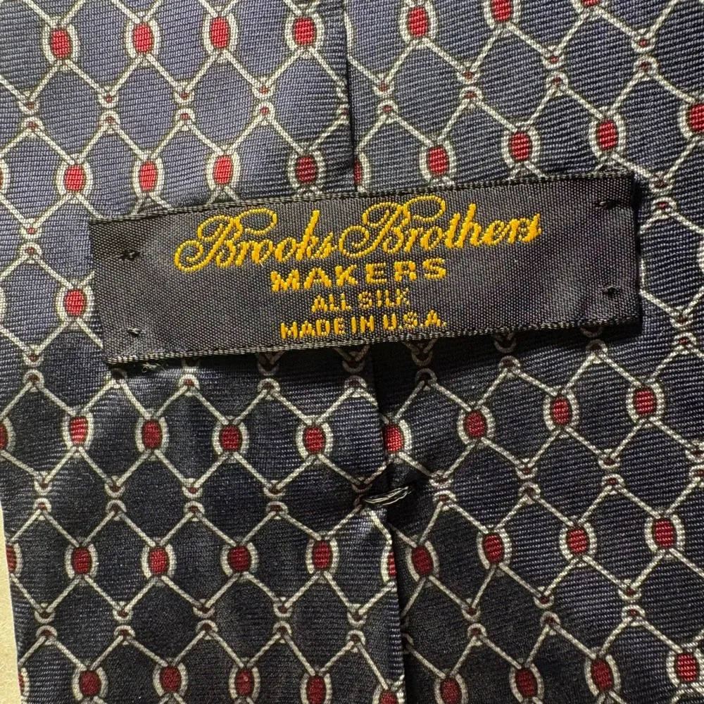 Brooks‎ Brothers Makers Mens Silk Tie Navy Red Geometric Chain Link Made in USA